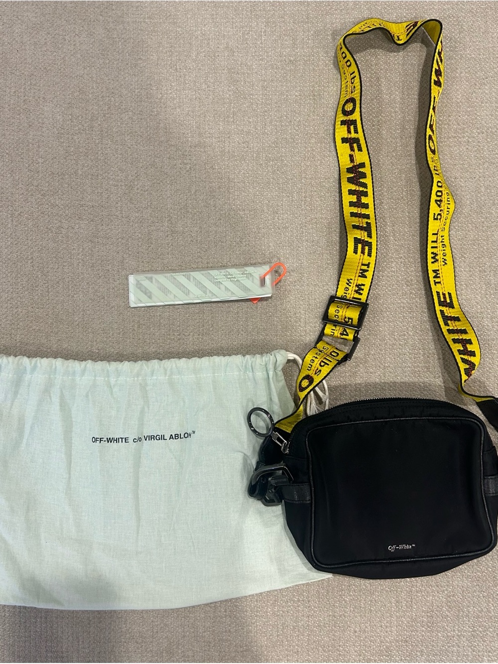 Off-White Black Crossbody Pouch with Yellow Industrial Strap